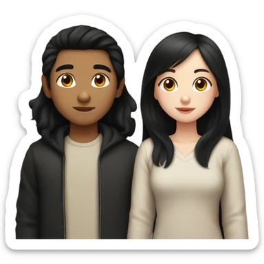 Asian boy with pale skin and dark black hair with Hispanic girl brown skin long black hair in a heart kissing  sticker