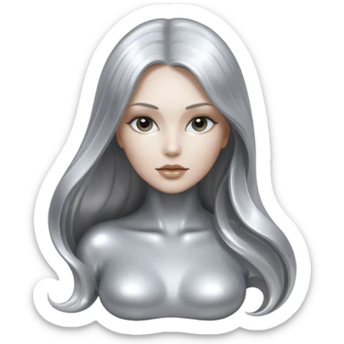 abstract sensual body silhouette, liquid silver chrome, smooth curves,chrome silver long hair, chrome metallic silver full face  and body sticker