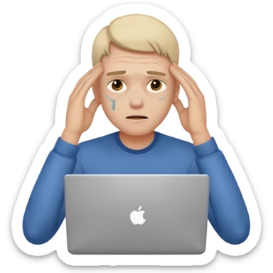 programmer holding his head, bruises under his eyes, with a laptop sticker