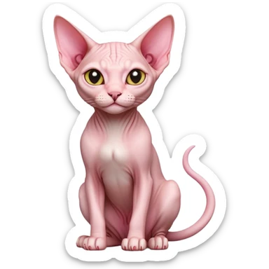 cinematic-[sphynx cat]-realistic-full-body-sitting-emoji,-tail-curled-playfully-around-its-paws,-head-tilted-dramatically,-sleek-[pink]-skin,-simplified-yet-realistic-focused-features,-highly-detailed,-glowing-with-an-almost-sarcastic-glow sticker