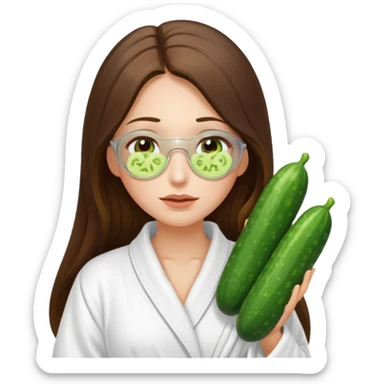 white long brunette hair girl with hazel eyes in a bathrobe with cucumbers covering her eyes sticker