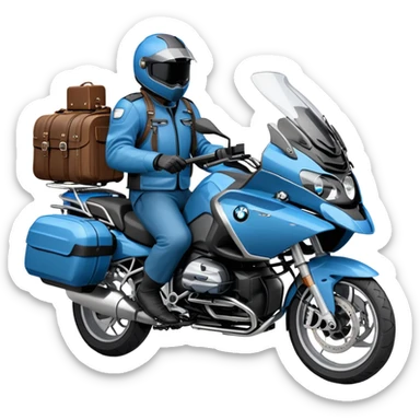 blue BMW R 1200 RT touring motorcycle with rider and luggage panniers sticker