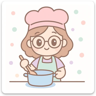 a girl with glasses and a pink kitchen hat cooking, cute colorful illustration style sticker