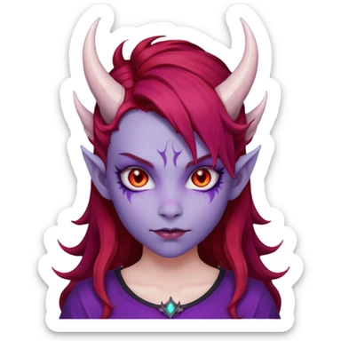 Demon Girl Purple Skin Dragon Horns Black Eyes Red Glowing Pupils Auburn Haired Red Shirt  sticker