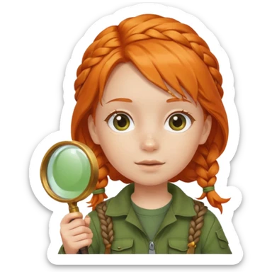 braid orange haired girl kid in moss green explorer outfit, holding magnifying glass sticker