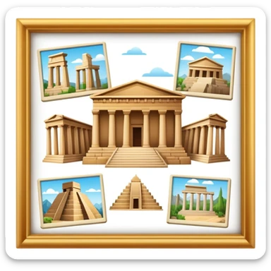 Icon for Historical and Cultural Tourism: iconic landmarks like ancient ruins, a museum and a historical monument, with a travel guidebook and camera. The icon should capture the exploration of history and culture. Transparent background. sticker