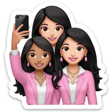 Just 3 besties with professional glammed up looks wearing pink and white, medium skin tone smiling big with black long hair. Very girly wearing jewelry, taking a selfie  sticker