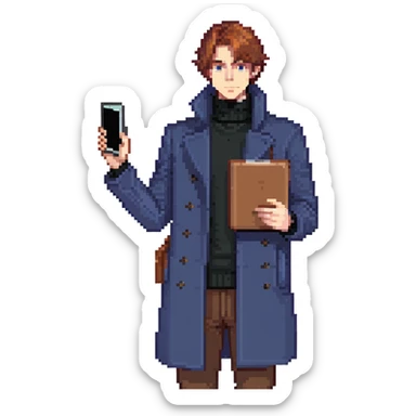 Flat pixel art, bold and charismatic male leader, Caucasian, short auburn hair, sharp eyes, indigo coat over black turtleneck, one arm raised pointing out, holding tablet, waist-up, front-facing sticker