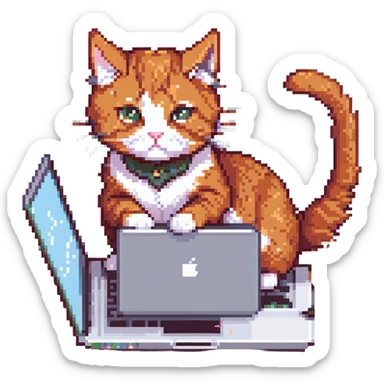 redhead cat working hard on a MacBook, energetic, focused, cute, pixel art style sticker