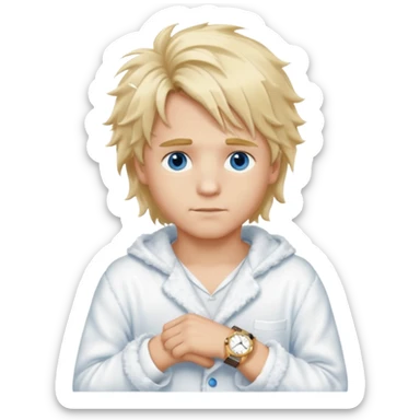 Create a look for a blond boy with long, tousled hair, light eyes, a white sweater, a wealthy appearance, blue eyes, and accessories like a Rolex or Cartier watch, and a cute face with messy hair down. blue eyes + + pajama white fluffy sticker
