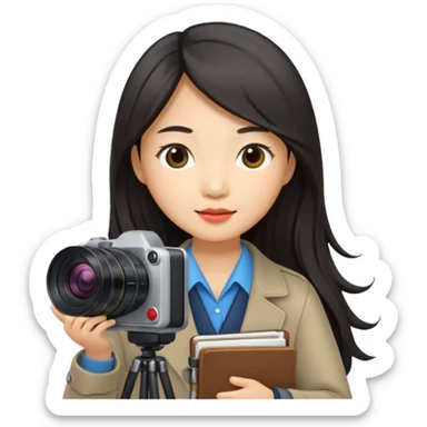 journalist asian woman long hair holding camera and notebook sticker