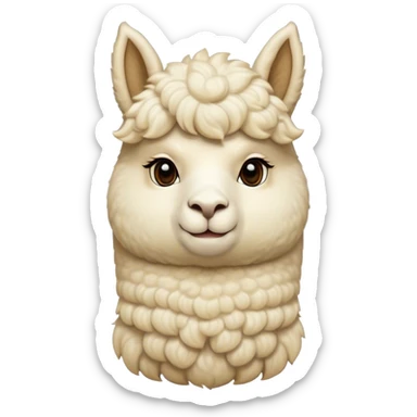 Cinematic Noble Cream Alpaca Portrait Emoji, Poised and regal, with a graceful, sturdy build and a luxuriously soft, well-groomed cream fleece, deep-set soulful gentle eyes, Simplified yet sharp and sophisticated features, highly detailed, glowing with a soft, dignified glow, high shine, intelligent and serene, stylized with an air of pastoral elegance, focused and attentive, soft glowing outline, capturing the essence of a watchful and confident companion, so majestic it feels as though it could stride out of the screen with effortless authority! sticker