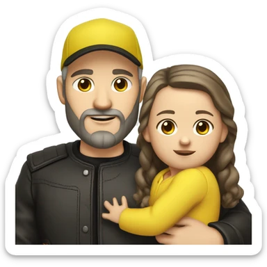 White-skinned slavic man with stubble, gray beard, brown hair, black eyes, black Reebok cap, leather jacket, holding infant girl in yellow dress with yellow bow. sticker