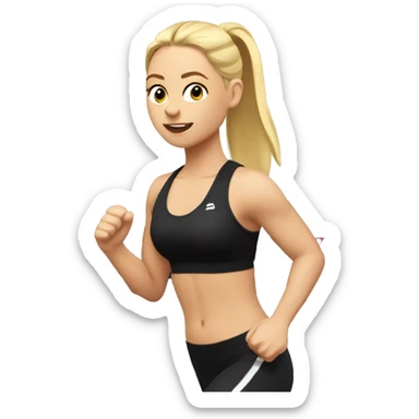 Girl with blonde hair in a ponytail running on a treadmill, she is wearing black leggings and a black sports bra sticker
