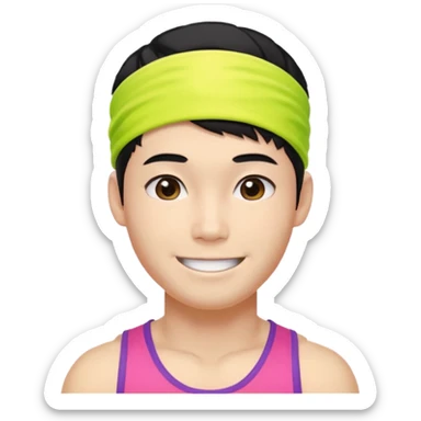Korean 27-year-old male health coach / Wearing fluorescent colors / White face / Hairband / Smiling expression / Short black hair / Muscular body sticker