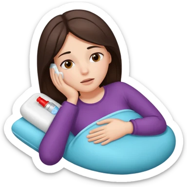 only one brunette girl, with a pain face, lying on her side suffering from menstrual cramps, has a hot water bottle on her stomach. sticker