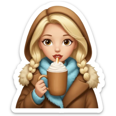 Tanned Girl with lashes , blonde hair, in an extremely big fluffy oversized coat and hold hot chocolate drink and big cat eyes, big lip sticker
