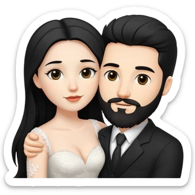 couple of newlyweds hugging, white skin man with black hair and beard; white skin woman with long black hair and black eyes sticker