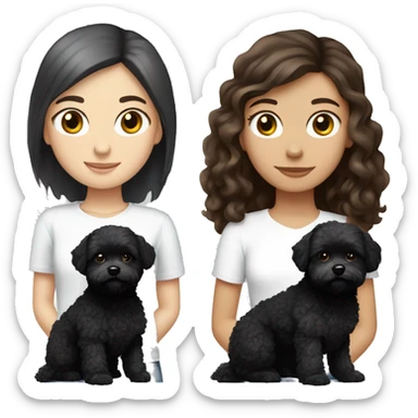 Caucasian Brunette girl long straight hair and hazel eyes, holding a black maltipoo with a white snout  to the side sticker