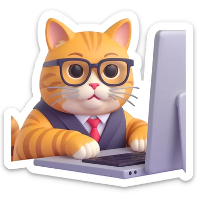 IT cat wearing glasses coding on a computer, playful style sticker