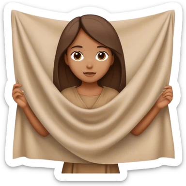 girl in brown tunic holding a large white piece of cloth sticker