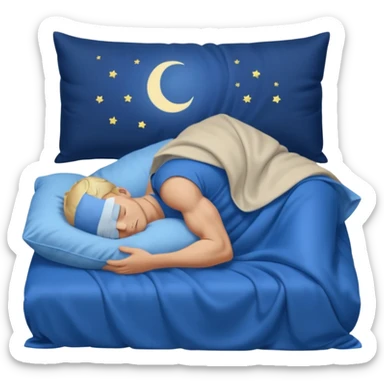 A young muscular male with short dark-blonde hair and medium-light skin, wearing blue cloth. He sleeps on his side, holding a soft white pillow, his head on a smooth blue pillow. A sleeping symbol floats above him in the dark, nighttime scene. A flowing blue blanket with silky folds covers him. sticker