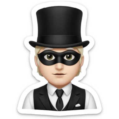 A man with white skin, a black half mask with an eye hole, a black top hat, a black vest with a black tie tucked underneath, and a white collared shirt sticker