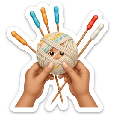 hands holding 2 knitting needles (1 on the right hand and another one on the left hand) with a ball of knitting thread (without a person's face) sticker