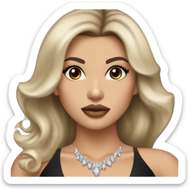 Brunette woman pale tan skin tone. Blowdried layered bouncy. Diamond earrings and necklace big lips. Kim k and kylie look alike. Black elegant dress sticker