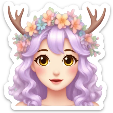 Gorgeous Shiny Colorful Pastel Anime Style Mature Lady with blushing face and pretty hair with a flower crown and antlers pastelcore kawaii cottagecore fairycore aesthetic trending style sticker