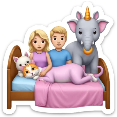 Brown wavy hair girl with blonde guy in a bed with an elephant, orang cat, polar bear, and pink unicorn  sticker