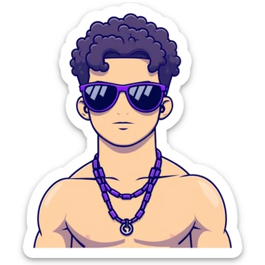 shirtless male athlete with white skin and moderately curly black hair on top with shaved sides, wearing purple sunglasses with very dark heavily tinted black lenses, and a simple plain black chain necklace, no earrings or other jewelry sticker