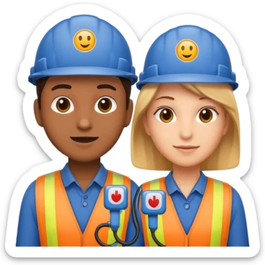 create a realistic emoji of two working packaging workers switching position with a switch symbol between them sticker