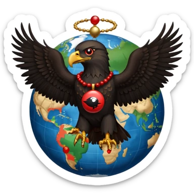 Fully black eagle with red mala bead necklace, the eagle's head facing the left with a single eye visible, wings spread full length, standing over an earth emoji with the African continent centered on the earth emoji. Replace the eye of the eagle with a Japanese Yen currency symbol. sticker