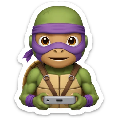 Donatello from Teenage Mutant Ninja Turtles, emoji style, head only, cute minimalistic style, with a tech gadget sticker