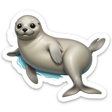 cinematic-seal-realistic-full-body-lounging-emoji,-sleek-body-stretched,-short-smooth-fur-glinting-in-the-sea-breeze,-flippers-tucked-comfortably-beneath-its-body,-large-dark-eyes-filled-with-playful-curiosity sticker