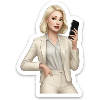 pale skin woman with ash blonde Straightened bob Hair, White Spacious classical jacket, beige palazzo Arrow pants and gray blouse holding white IPhone 15 pro in the hands sticker