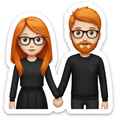 girl with long orange hair wearing no glasses and all black clothes and holding hands with boy with dark hair and beard and glasses and pale skin sticker