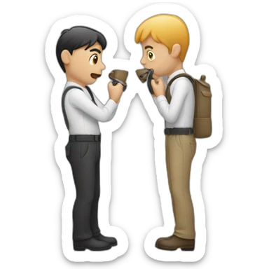 one person sniffing another person's belt sticker