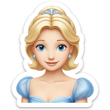 Cinematic Radiant Cinderella Portrait Emoji, rendered in a clean vector-style with bold proportions. Show Cinderella with a warm, serene smile, fair skin, and lustrous blonde hair, wearing a simple yet elegant dress that shimmers with gentle light. The image glows with an inviting, soft radiance and high shine, embodying timeless beauty. sticker