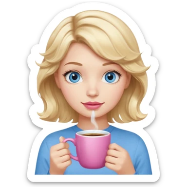 Girl Blonde short wavy hair,  blue eyes, cute blue top, long lashes, pink lips, holding white hot coffee mug sticker