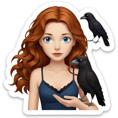 J9hn Constantine and Long wavy Auburn hair woman BLUE eyes wearing black cami and a crow sticker