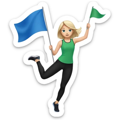 emoji style colorguard girl spinning a green and blue flag, dressed in black leggings and a green and blue top, dynamic movement sticker