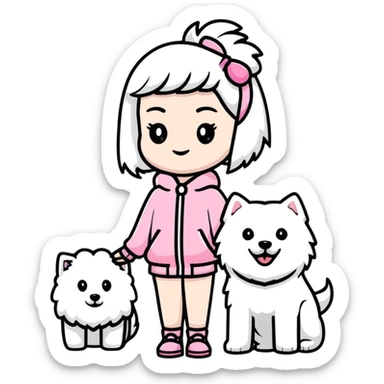 girl in pink Chanel-style outfit with white Samoyed dog sticker