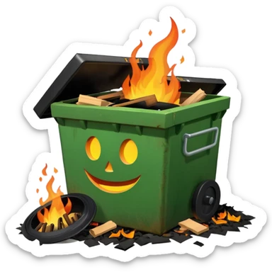 Green smiling dumpster with an open black lid and a fire burning inside it. there is litter and trash on the ground around it sticker