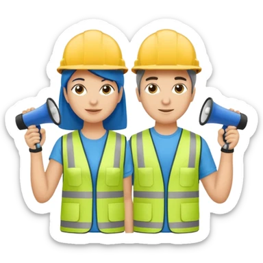 Duas pessoas com capacete de obras azul e um megafone na mão e camisa social cinza com faixas reflexivas verdes nos braços. Deve ser um homem e uma mulher. Os dois capacetes devem será azul escuro. sticker