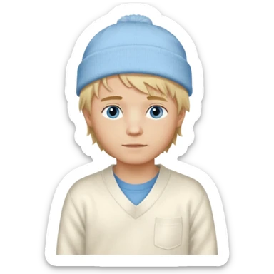 Create a look for a blond boy with long, tousled hair, light eyes, a white sweater, a wealthy appearance, blue eyes, and accessories like a Rolex or Cartier watch, and a cute face with messy hair down. blue eyes + + pajama white fluffy + cap fluffy sticker