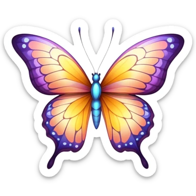Cinematic Elegant Butterfly Portrait Emoji, Poised and ethereal, with delicate, intricately patterned wings in a kaleidoscope of soft, vibrant colors, a slender, graceful body, and gentle, observant eyes, Simplified yet exquisitely delicate features, highly detailed, glowing with a soft, radiant luminescence, high shine, intelligent and enchanting, stylized with an air of whimsical floral elegance, focused and poised, soft glowing outline, capturing the essence of a watchful butterfly that appears ready to flutter out of the screen with magical grace! sticker