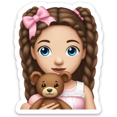 Little Girl with White skin, blue eyes. Long brown hair with two braids and two pink bows in it. She is wearing a pink and White dress, standing and holding on to a teddybear. sticker