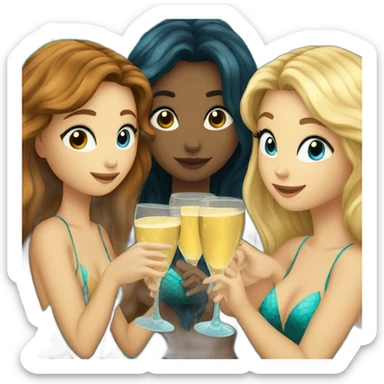 Three beautiful mermaids (two brown hair with brown eyes and blond one with blue eyes) drinking champagne sticker